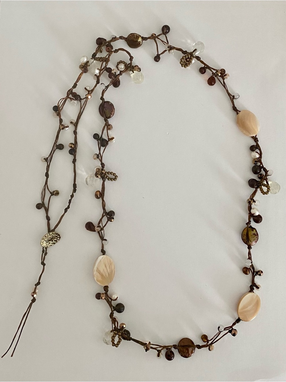 Nakamol Brown Cord Wrap Necklace Beaded Pearl Quartz